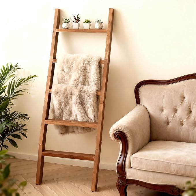 SwallowLiving Blanket Ladder – 58in Solid Wood Towel Ladder, Rustic Decorative Ladder for Blankets, Wooden Blanket Ladder Quilt Rack, Farmhouse Blanket Ladder for Living Room & Bathroom