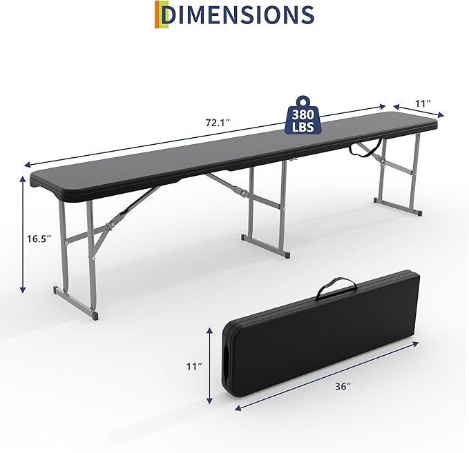 Garvee 6FT Folding Bench, Plastic Portable Folding Bench Seat with Carry Handle & Lock for in/Outdoor Activities, Picnic, Soccer, Caming Dining Seat, Black
