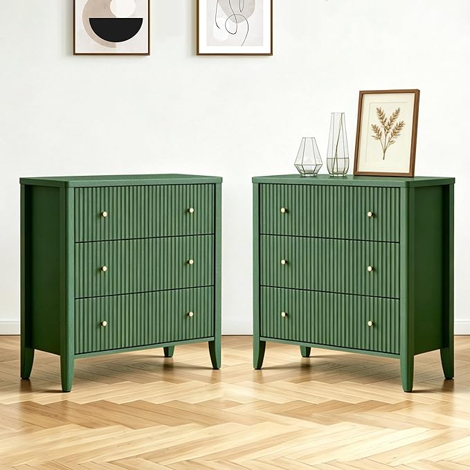 Fatmok Fluted 3 Drawer Dresser for Bedroom Set of 2, 34" Wide Chest of Drawers, Modern Wood Nightstand End Table with Metal Handles, Striped Storage Cabinet for Living Room, Hallway, Entryway, Green