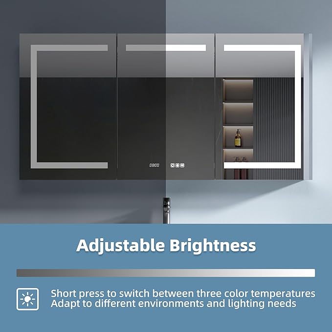 Medicine Cabinet with Lights with Mirror, 60 x 30 Inch Recessed/Surface Wall Mount LED Lighted Medicine Cabinets for Bathroom with Storage, 3 Colour Lights Dimmable Defog, Time/Temp Display