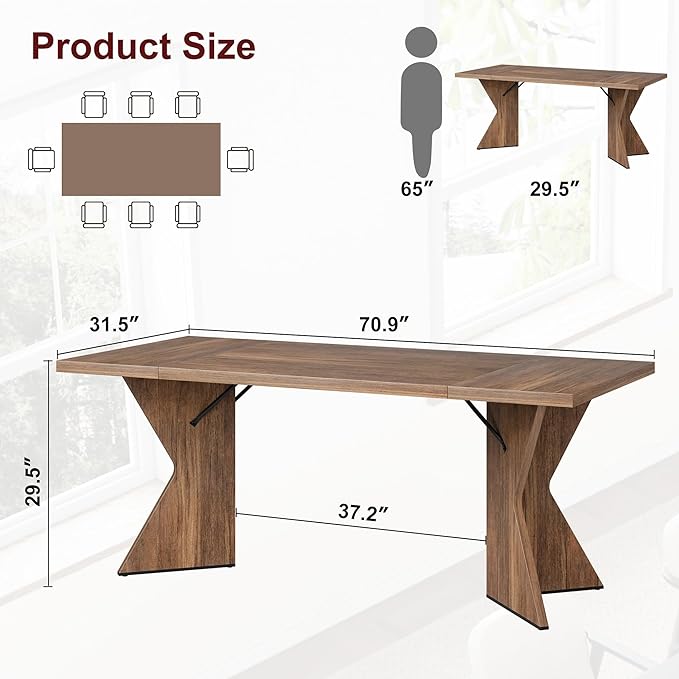 GarveeHome 70.9'' Dining Table for 6, Farmhouse Rectangular Kichen Table with Sturdy Frame and “V” Leg, Wooden Thickened Long Desk and Dinner Desk for Dining Room, Kitchen, Office, Game Room(Retro)