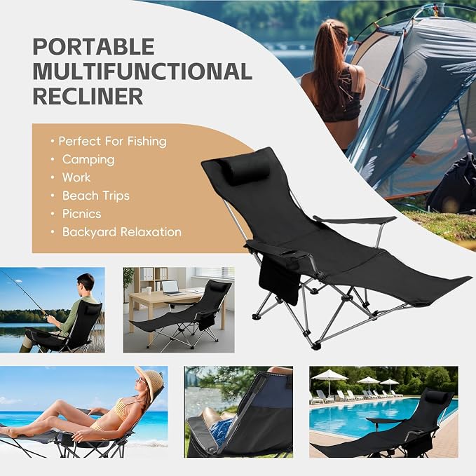 Camping Chairs Zero Gravity Recliner Chair with 4-in-1 Adjustable - Portable Folding Recliner with Cup Holder & Side Pocket, Detachable Footrest for Patio, Beach, Lawn, No Assembly - Black