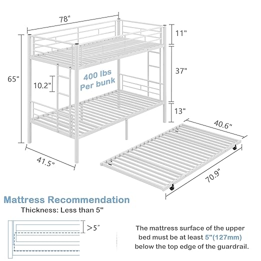 VECELO Twin Over Twin Bunk Bed with Trundle, Metal Bunkbeds with Ladder and Full-Length Guardrail, Noise Free, No Box Spring Needed, Off White