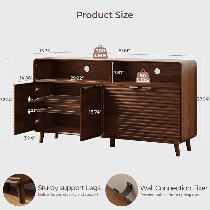 61" Sideboard Buffet Cabinet with Open Storage & 4 Doors, Large Coffee Bar Cabinet with Adjustable Shelves, Mid Century Modern Fluted Buffet Cabinet for Kitchen, Living Room, Walnut