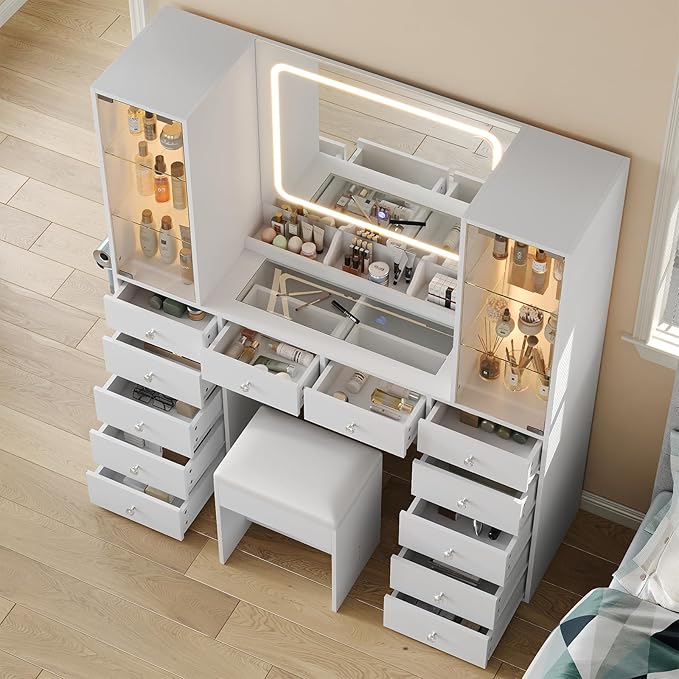 Yanosaku Vanity with 12 Drawers & 2 RBG Lights Cabinets, Makeup Vanity with Mirror and Lights, Vanity Desk with Power Outlet, Tempered Glass Top, Ample Storage, Makeup Vanity Desk for Bedroom, White