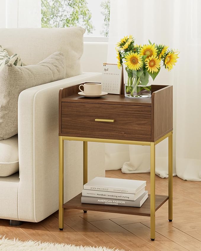 Masupu Nightstand, 3-Tier Modern Bedside Night Stand with Storage Drawer and Shelf, Small End Side Table for Bedroom, Living Room, Walnut