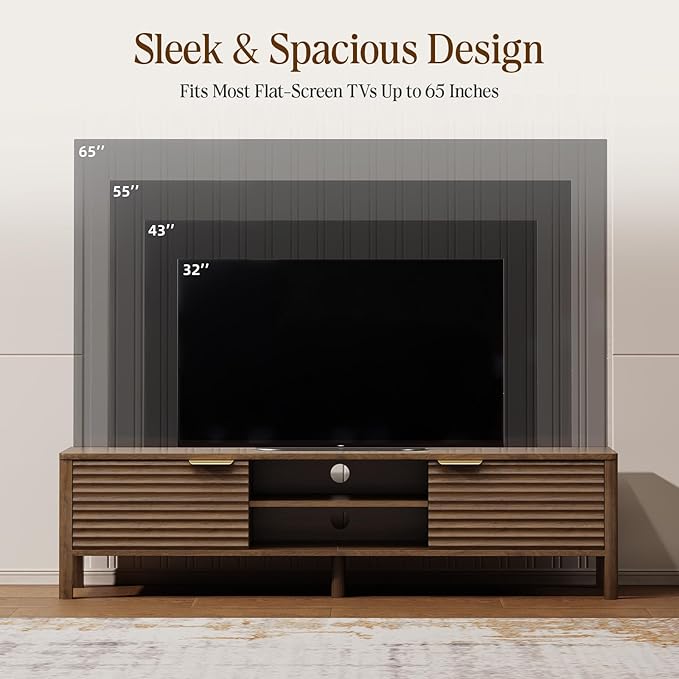 IKALIFE TV Stand for Living Room - up to 65 Inch TVs Mid Century Modern Entertainment Center with Storage and Adjustable Shelves, Media Console Table Walnut 59"