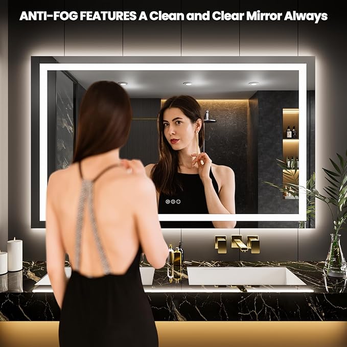 LOAAO 60"x32" LED Bathroom Mirror with Lights, Anti-Fog, Dimmable, Backlit + Front Lit, Lighted Bathroom Vanity Mirror for Wall, Memory Function