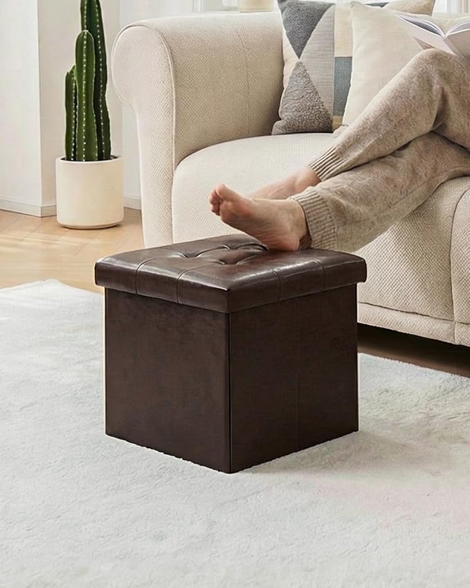 B FSOBEIIALEO Storage Ottoman Small Cube Foot Rest Seat Faux Leather, Brown 12.6"X12.6"X12.6" (2 Pack)