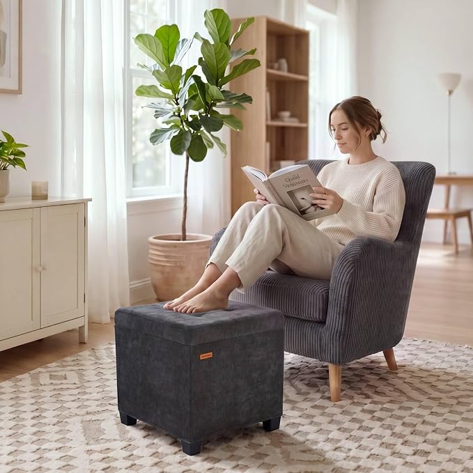 ABHENG Chenille Cover Steel Frame Ottoman with 48L Storage,17.7" x 17.7" x 17.7" Square Linen Storage Ottoman Stool Cube with Legs,for Dorm Livingroom Charcoal UASND641B