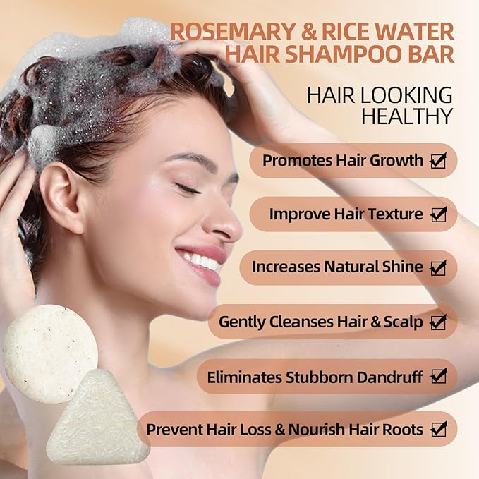 2 Pack Rice Water Rosemary Hair Shampoo Bar,Solid Shampoo Bar for Hair Growth – Strengthening Hair Shampoo for Men and Women – Reduce Breakage,Boosts Shine,Soap for Dry Damaged Hair