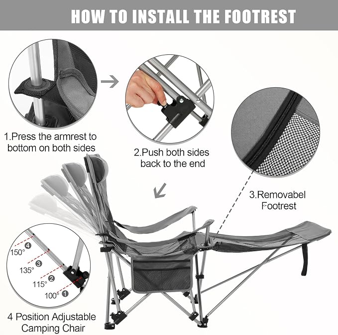 Colingmill 2 Pcs 2 in 1 Reclining Camping Chair with Footrest for Adults Folding Lounger Mesh Beach Chair Adjustable Backrest Lightweight Lawn Chairs for Camping Tailgates Outdoor Beach(Gray)