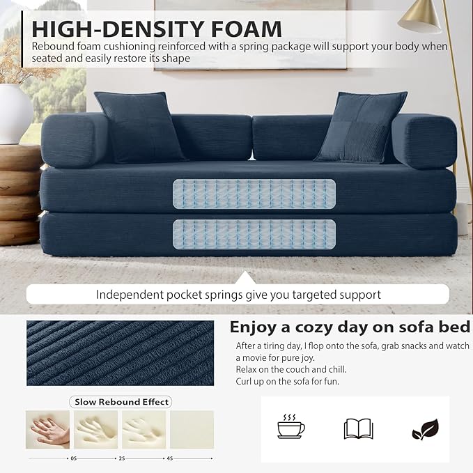 78 Inch Convertible Sleeper Sofa Bed, Folding Floor Mattress Couch with Fixed-Shape Frame, Futon Boneless Couch Lounge Loveseat with Pull Out Bed, No Assembly Required (Blue, 78" Loveseat Sofa Bed)