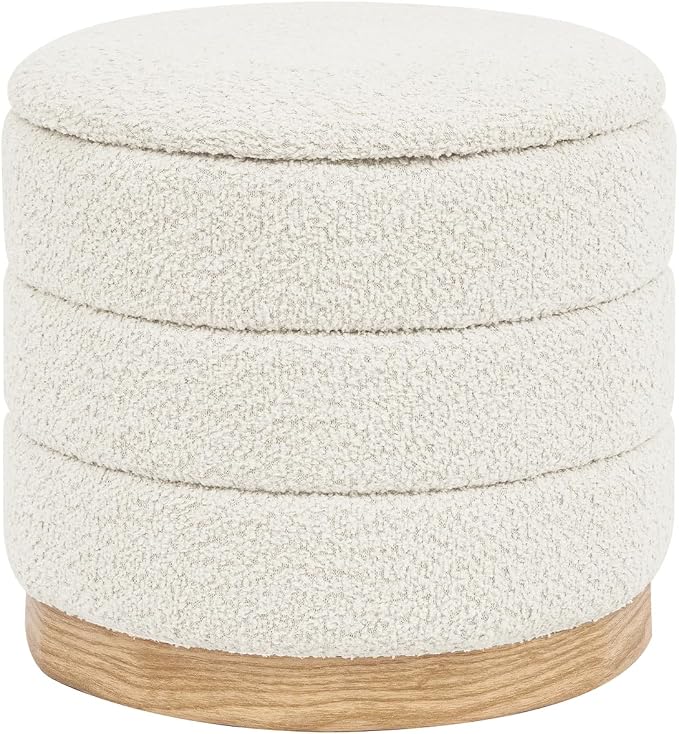 Round Storage Ottoman with Reversible Tray Lid, Folding Chenille Fabric Footrest with Hidden Storage, 15.4" Footstool for Small Spaces Living Room Bedroom, Wood Grain Base, Cream White