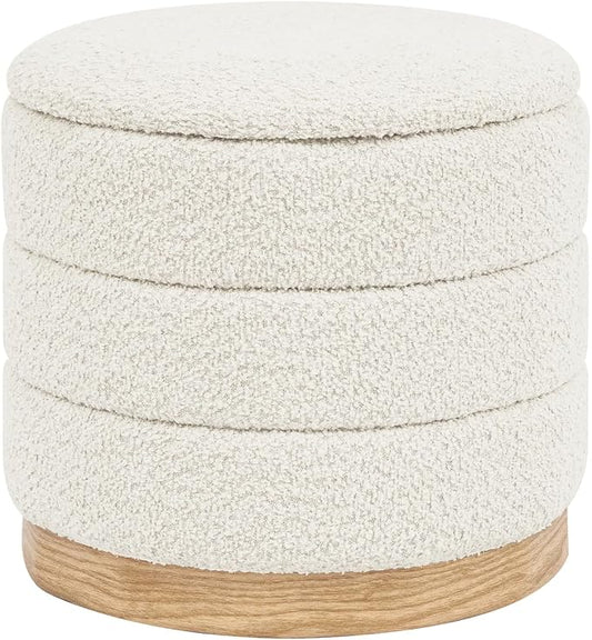 Round Storage Ottoman with Reversible Tray Lid, Folding Chenille Fabric Footrest with Hidden Storage, 15.4" Footstool for Small Spaces Living Room Bedroom, Wood Grain Base, Cream White