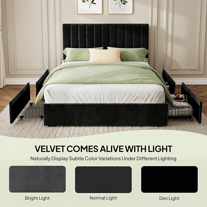 Welzona Bed Frame Full Size with Storage and Headboard, Velvet Upholstered Metal Platform Bed with Vertical Channel Tufted Headboard, 3-Level Height, 4 Storage Drawers, Noise Free Easy Assembly, Black