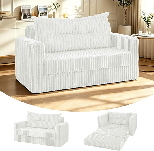 HABUTWAY 41.3" Loveseat Boneless Couch, 4-in-1 Convertible Sofa Bed, Plush Fur Folding Futon Sofa Bed Couches with a Pillow for Living Room, High-Density Foam Support, No Assembly Required, Beige