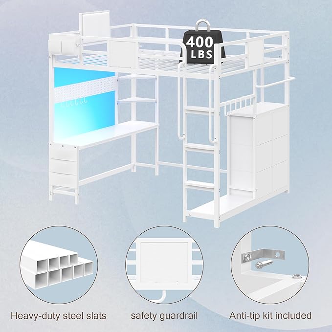 Dnxao Full Size Loft Bed with Desk, 900 lbs Heavy Duty Metal Bed Frame for Adults & Teens, 6 Storage Drawers, Power Outlet with Type-C, LED Lights, Integrated Study Workstation for Small Room, White