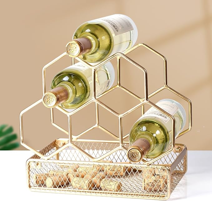 Countertop Wine Rack - 6 Bottle with Cork Storage Freestanding Modern Gold Metal Wine Rack - Tabletop Wine Holder Stand for Cabinet, Pantry, Wine Bottle Storage…