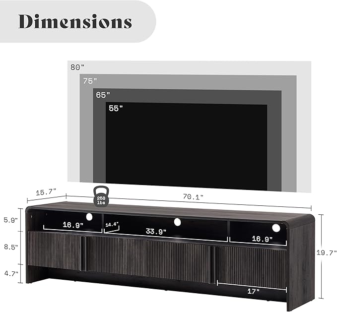 AMERLIFE 70" Modern TV Stand for TVs up to 80", Fluted Wood Entertainment Center with Storage Cabinets, Media Console Table for Living Room, Black