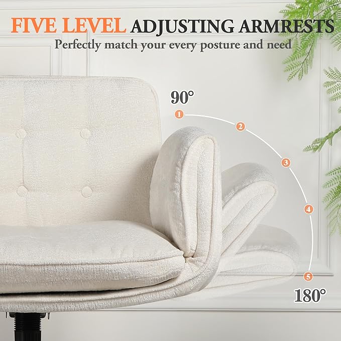 Criss Cross Chair with Lumbar Airbag & Folding Arms Relieve Back Pain, Wide Cross Legged Office Chair for Home Office, Comfy Swivel Desk Chair with Wheels, 5 Level Adjustable Armrest, Chenille(White)
