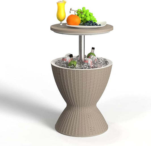 EasyUp Outdoor Cooler Bar Table – 8 Gallon Outdoor Patio Cooler Table with Drain Plug, Adjustable Height Rattan-Style Resin Cool Bar for Poolside, Deck, BBQ & Parties (Grey)