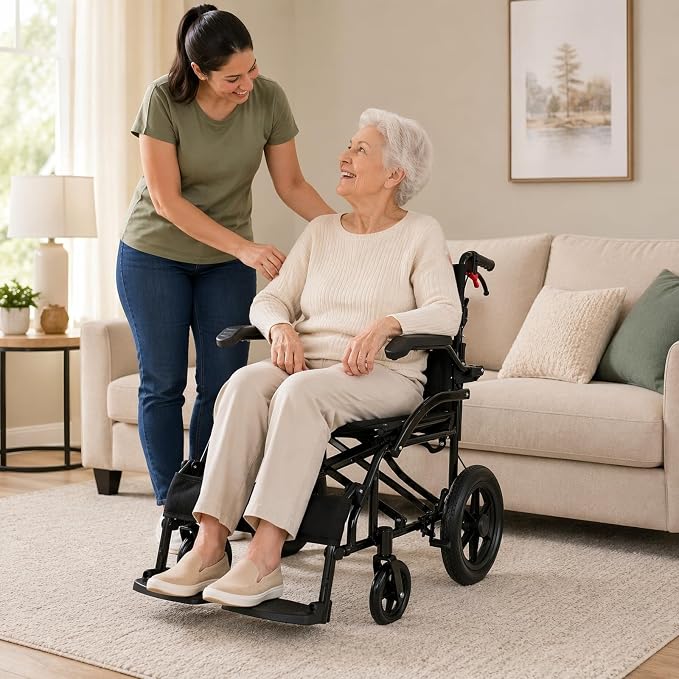 IDEALHOUSE Lightweight Foldable Transport Wheelchair for Adults, with Flip Back Armrests, Swing Away Footrests, 6” PVC Front & 12” PU Rear Wheels, Aluminum Frame, Ideal for Travel