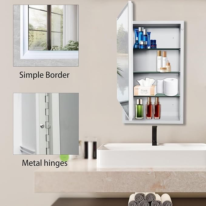 Plastic Medicine Cabinet with Mirror 16x26 inch, Recessed Medicine Cabinet or Surface Wall Mount Bathroom Cabinets with Removable Shelves, White Framed Mirror Cabinet