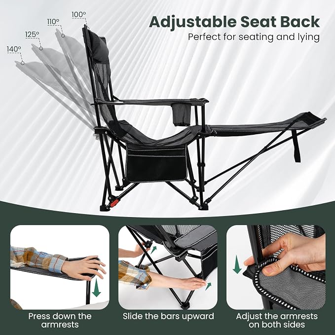 Tangkula Reclining Camping Chair Set of 2, 2 in 1 Porable Folding Lawn Chair with Removable Footrest, 4-Position Adjustable Backrest, Cup Holder & Side Pocket, Carry Bag