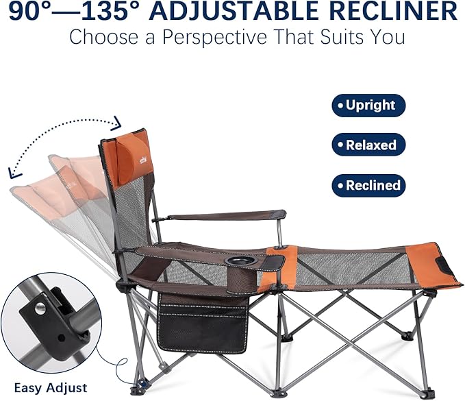 apollo walker Reclining Beach Chair, Adjustable 90-135° Backrest Camping Lounge Chairs for Adults, Folding Chair with Foot Rest & Detachable Pillow - Standard 6-Leg, Orange