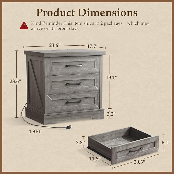 AODK Farmhouse Nightstands Set of 2, 24 Inch Bedside Tables with Charging Station, End Tables with Three Drawers, Bed Side Tables with Outlet and USB for Bedroom & Living Room, Oak Grey