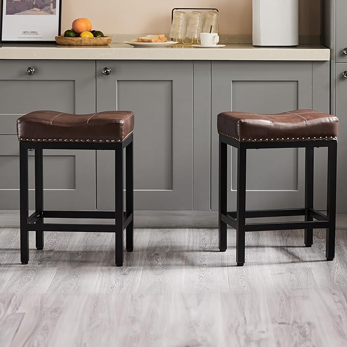 Sweetcrispy Bar Stools Set of 2, 24 Inch Counter Height Stools, PU Leather Upholstered Bar Chairs with Footrest, Modern Bar Stools for Kitchen Island, Dining, Living Room, Brown