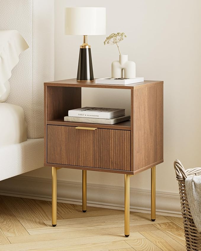 Aienvey Night Stand, Modern Nightstand with Drawers, Bedside Table, Gold Small Side Table for Bedroom, Living Room End Table (Walnut Stripe, 1 Drawer)