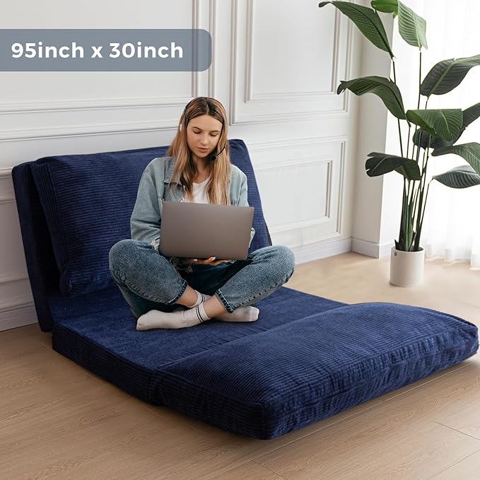 MAXYOYO Folding Sofa Bed, Floor Sofa Convertible Sleeper Chair with Washable Cover, Floor Couch Lounge Bean Bag Chair Bed for Living Room, Navy, 30x95 Inch
