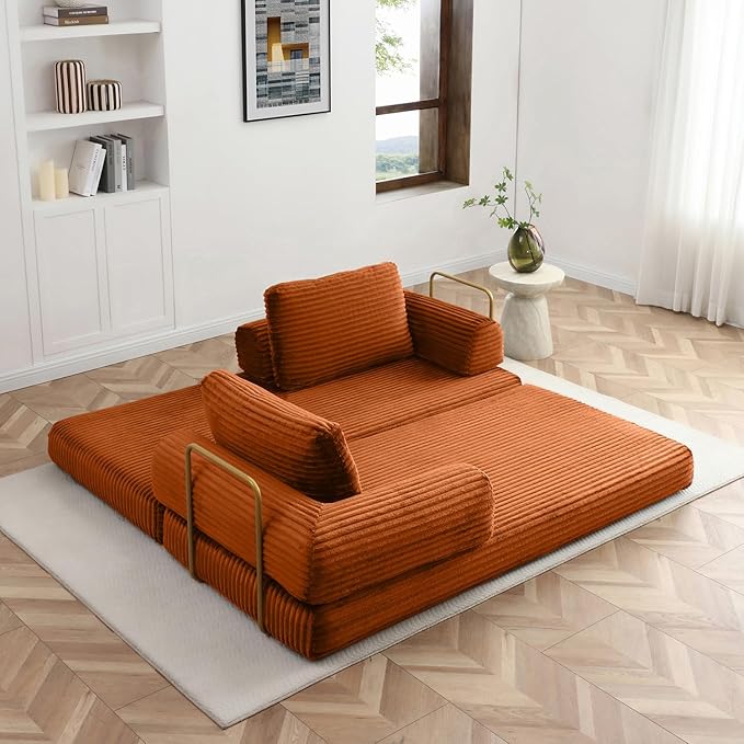 HANXIN 80 Inch Convertible Sleeper Sofa Bed, High Back Plush Corduroy Folding Floor Mattress Couch with Fixed-Shape Frame, Boneless Futon Loveseat with Pull Out Bed, No Assembly Required (Orange)