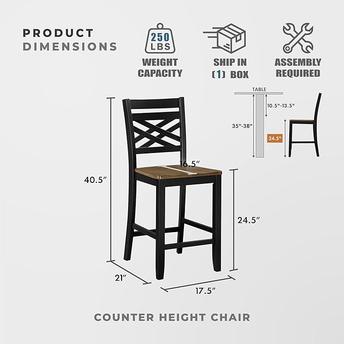 Lexicon 5 Piece Counter Height Dining Set for 4 - Acacia Veneer Wood Table Round with Storage Shelf and Cross Back Chairs, Dining Room Small Kitchen Table Set for 4, Two-Tone Finish (Brown and Black)