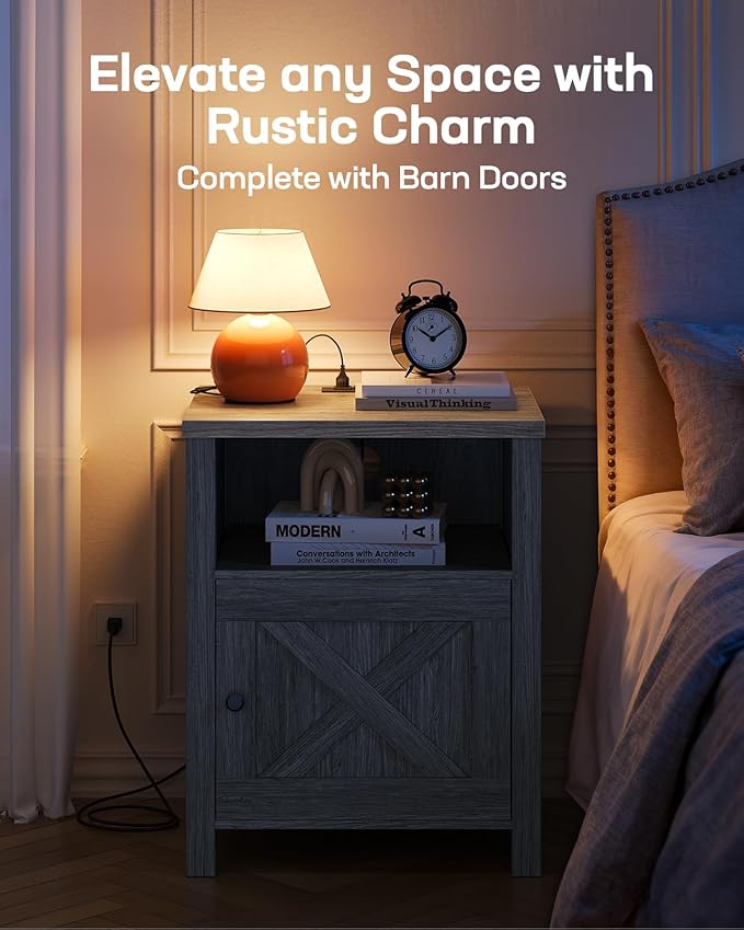 Marsail Farmhouse Nightstand Set of 2, Wood Bedside Table with Charging Station, Night Stand with Shelf and Doors, End Table with Storage Side Table for Bedroom, Grey