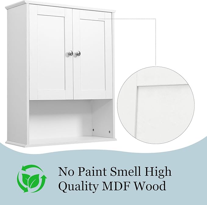 Bathroom Cabinet Wall Mounted Over Toilet Storage Cabinet 20x28 Inch White Wood Wall Space Saver Medicine Cabinets for Bathroom Storage with Adjustable Shelf, 2 Doors, Soft Hinge