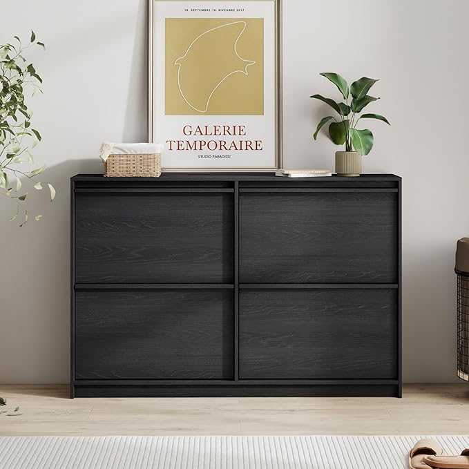 Shoe Storage Cabinet for Entryway with 4 Flip Drawers, Wooden Shoe Organizer Cabinet with Adjustable Shelf, Slim Freestanding Shoe Rack for Entryway, Hallway, Living Room, Black