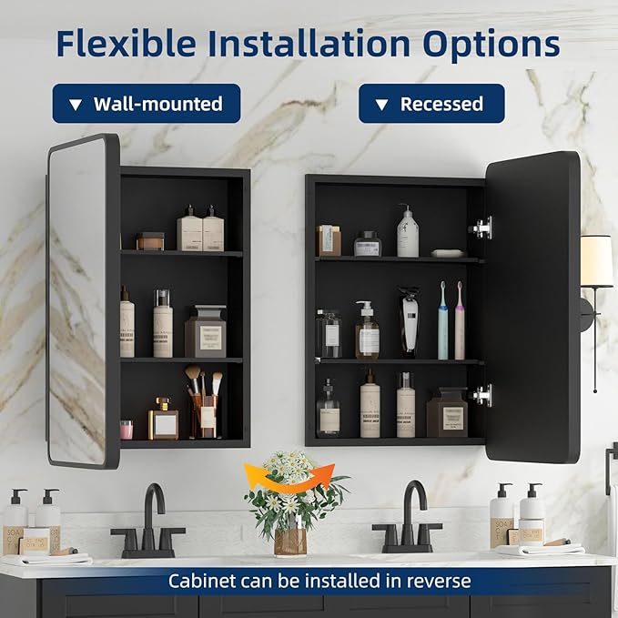 Bathroom Medicine Cabinet with Mirror 16 x 24 Inch, Black Medicine Cabinet Recessed or Surface Wall-Mounted, Mirrored Cabinets with 2 Adjustable Shelves for Bathroom Vanity