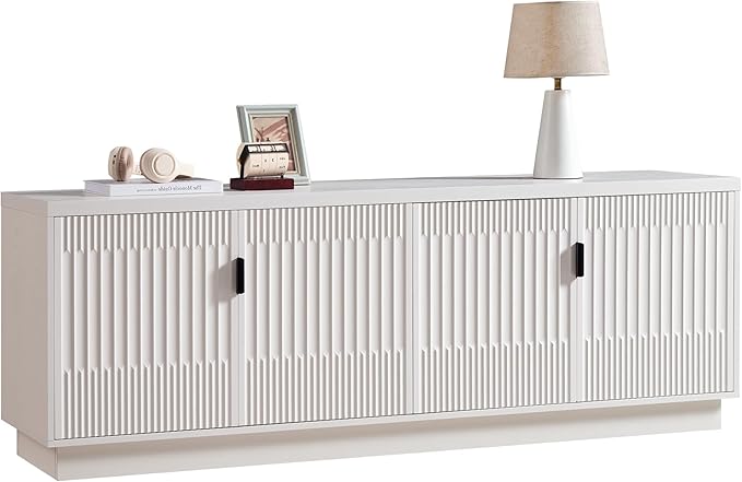 Fatmok 68" TV Stand for 75Inch TV, Entertainment Center with Storage and Adjustable Shelves, Modern Wood Media Console with 4 Fluted Doors for Living Room, White, Set of 2
