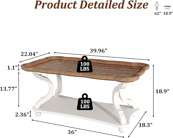 Function Home Farmhouse Coffee Table, 2-Tier Center Table with Storage Shelf, 39.8" French Country Rectangle Accent Table with Natural Tray Top and Curved Legs for Living Room Balcony, Vintage White