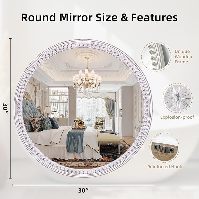 30 Inch Rustic Farmhouse Round Mirror for Wall Decor, Boho Wooden Decorative Circle Mirrors for Bathroom Over Sink, Entryway, Living Room& Bedroom
