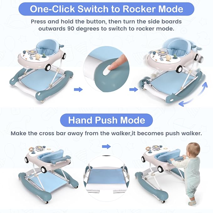 Baby Walker, 5-in-1 Baby Walker for Boys and Girls with Bouncer, Removable Footrest, Music, Foldable & Adjustable Speed Wheels Activity Walker for 6-18 Months Toddler Infant(Haze Blue)