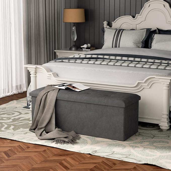 MoNiBloom 43 Inches Folding Storage Ottoman Bench, Storage Chest, Padded Seat, End of Bed Bench, Linen Fabric Ottoman Footrest for Living Room, Bedroom, Entryway, Dark Gray