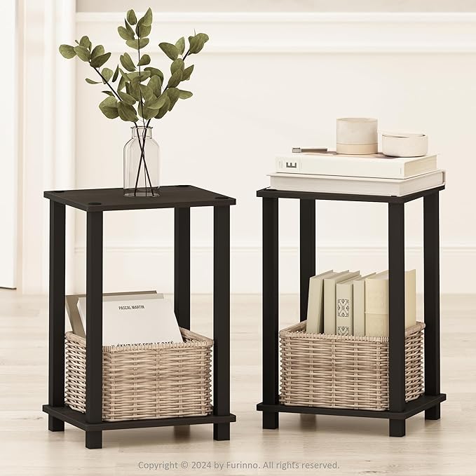 Furinno Simplistic Night Stand Set of 2, 2-Tier Small Nightstand with Open Shelf, Toolless Bedside Table, End Table, Side Table, for Bedroom, Closet, Dorm, Espresso