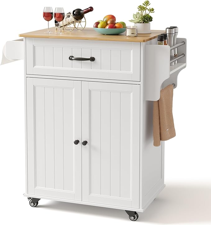 Gizoon Kitchen Island Cart with Adjustable Shelf, 33" W Mobile Trolley Cart on Metal Wheels with Drawer & Storage Cabinet, Spice Rack & Towel Rack, for Dining Room, Bar, White, Tabletop-Oak Color