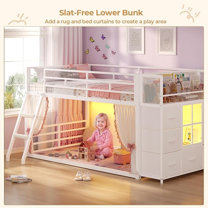 BTHFST Low Bunk Bed Twin Over Twin with 7 Large Fabric Drawers & Bookshelf, Metal Bunk Bed with RGB LED Lights & Slanted Ladder & Safety Guardrail, Kids Low Loft Bed Twin for Small Space, White