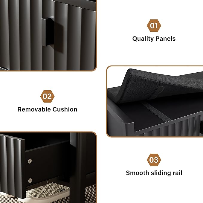 Furniway Black Fluted Shoe Bench with 2 Drawers, Entryway Storage Bench with Thick Padded Cushion Seat, Open Bottom Shoe Storage Shelf for Hallway, Living Room, Bedroom, 47.2" W