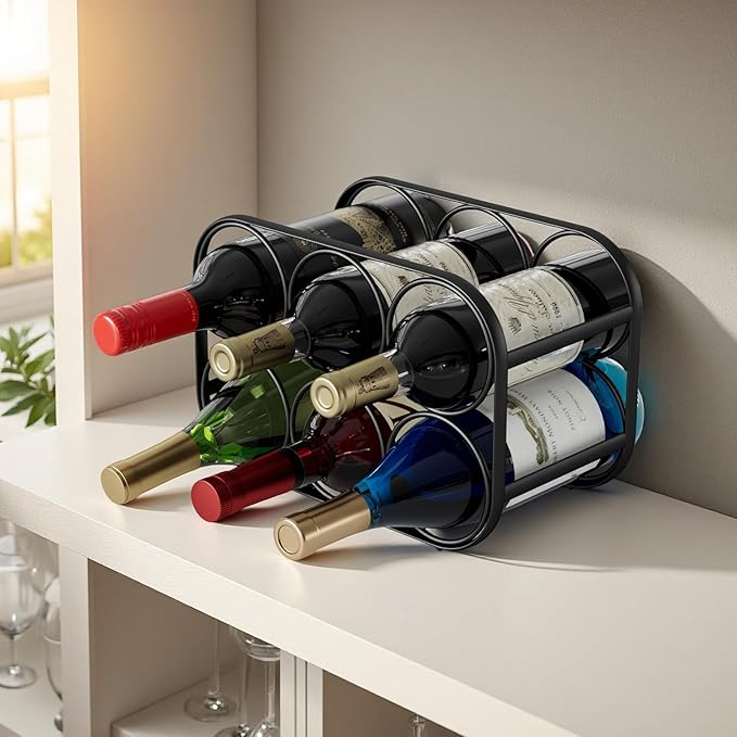 Buruis 6-Bottle Wine Rack, Modern Metal Countertop Wine Holder Stand for Kitchen, Pantry & Cabinet Storage, No Assembly Required, Black
